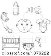 Poster, Art Print Of Black And White Sketched Baby Rib Pacifier Socks Bottle Of Milk Rattle Diaper And Letter Cubes
