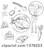 Clipart Of A Black And White Sketched Cake Vegetables Fried Eggs Pizza And Sliced Bread Surrounding A Central Plate Of Fish Royalty Free Vector Illustration