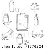Poster, Art Print Of Black And White Sketched Clipboard Drugs And Pills Ointment Dosage Liquid Medication Dropper And Glasses