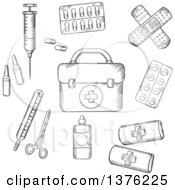 Poster, Art Print Of Black And White Sketched First Aid Kit Plasters Medication Forceps Syringe And Tablets
