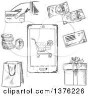 Poster, Art Print Of Black And White Sketched Payment Options With A Central Smartphone Displaying A Shopping Cart Surrounded By Icons For A Bag Bank Check Credit Card Banknotes Coins And Gift
