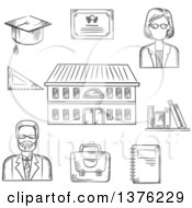 Poster, Art Print Of Black And White Sketched Male And Female Teachers Books Briefcase Graduation Hat Tablet Notebook And School Building