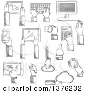 Poster, Art Print Of Black And White Sketched Human Hands Working On Tablets Desktop Computer Keyboard Smartphones Digital Pen Cloud Data Storage And Search Application