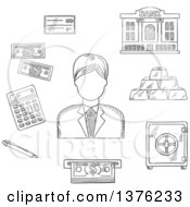 Poster, Art Print Of Black And White Sketched Banker Among Dollar Bills Stacked Gold Bars Bank Cheque Bank Building Calculator Pen Atm And Safe