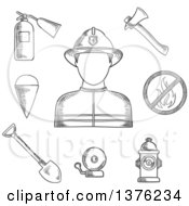 Poster, Art Print Of Black And White Sketched Fireman Flanked By Fire Axe Bucket And Shovel Extinguisher Fire Alarm Hydrant And Prohibition Sign