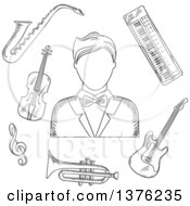 Poster, Art Print Of Sketched Musician Man In Tailcoat Surrounded By Electric Guitar Trumpet Violin Saxophone Treble Clef And Synthesizer Musical Instruments
