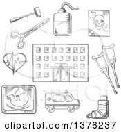 Poster, Art Print Of Black And White Sketched Hospital Building Surrounded By Ambulance X-Ray Surgical Tools Cardiograph Blood Transfusion Skull Crutches And Plaster Cast