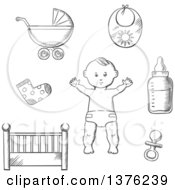 Poster, Art Print Of Black And White Sketched Baby In A Nappy Encircled By A Cot Crib Pushchair Booties Bib Bottle And Dummy