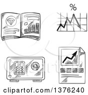 Clipart Of A Black And White Sketched Financial Bar Graph Line Chart Of Bank Interest Rate Precious Metals Market Trends And Safe Royalty Free Vector Illustration