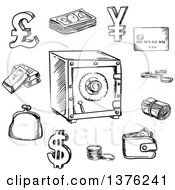 Poster, Art Print Of Black And White Sketched Safe Surrounded By Money Roll Bank Credit Card Stack Of Dollar Bills Coins Gold Bars Dollar Pound And Yen Currency Signs Wallet And Purse