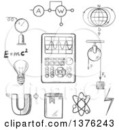 Poster, Art Print Of Black And White Sketched Magnet Electric Power Atom Model Earth Magnetic Field Book Formulas Schemes And Tools