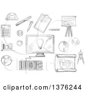 Poster, Art Print Of Black And White Sketched Desktop Computer Surrounded By Icons Of Board Blueprint Graphs Calculator And A Light Bulb On The Screen