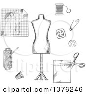 Black And White Sketched Mannequin Scissors Safety Pin Needle Threads Buttons Thimble Fabric And Paper Drawing