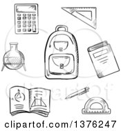 Poster, Art Print Of Black And White Sketched School Backpack Book Calculator Notebook Exercise Book Pencil Chemical Laboratory Flask Triangle Ruler And Protractor