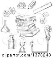Clipart Of A Grayscale Sketched Light Bulb Plugged Into A Tall Stack Of Books Surrounded By Flasks DNA Hourglass Gears Ruler Atom And Pencil Royalty Free Vector Illustration