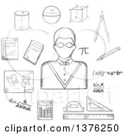 Grayscale Sketched Male Teacher In Glasses Formulas Calculator Rulers Compasses Pencil Textbooks Drawing And Geometric Figures