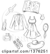 Poster, Art Print Of Grayscale Sketched Male And Female Clothing Accessories Shoes Hat Jewelery Catalogue And Mirror