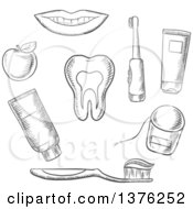 Grayscale Sketched Tooth Surrounded By Toothbrush Toothy Smile Apple Toothpaste And Floss