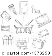 Poster, Art Print Of Grayscale Sketched Shopping Basket Rounded For A Mobile Phone Tablet And Laptop Cash Bank Card Gift Cardboard Carton With A Shoe Fashion Camera Electronics And Fast Food Pizza