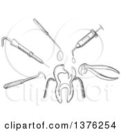 Clipart Of A Black And White Sketched Tooth Being Targeted By Dental Tools Drill Mirror An Injection And Pliers Royalty Free Vector Illustration