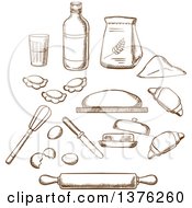 Poster, Art Print Of Brown Sketched Dough Milk Butter Eggs Flour And Kitchen Utensils