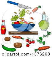 Sketched Knife And Salad Ingredients Around A Bowl
