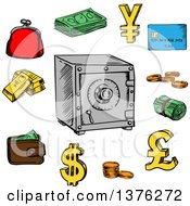 Poster, Art Print Of Sketched Dollar Bills And Coins Bank Credit Card Stack Of Gold Bars Yen Dollar And Pound Currency Golden Symbols Wallet Purse And Safe