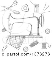 Poster, Art Print Of Black And White Sketched Sewing Machine With Pin Thread Yarn Thimble Button And Cloth