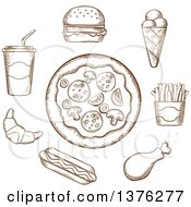 Poster, Art Print Of Brown Sketched Pizza Burger Soda French Fries Ice Cream Cone Hot Dog Croissant And Chicken Drumstick