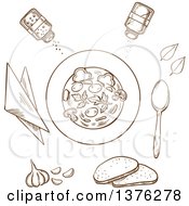 Poster, Art Print Of Brown Sketched Bowl Of Soup Surrounded By White Bread Herbs Seasoning Condiments Napkin And Spoon