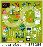 Poster, Art Print Of Flat Design School Supplies And Education Icons With Pencils Books Rulers Notebooks Calculator Blackboards Globe Computer Backpacks Microscopes Stationery Atom Dna Magnifier Laboratory Glass Telescope Formulas And Compasses On Green