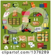Poster, Art Print Of Flat Design Logistics Icons Of Cardboard Packages Containers Cargo Crane Forklift Trucks And Hand Trucks With Boxes And Suitcases Warehouse Shelf 247 Service Scale Parcels Letters Postage Stamps Bar Code And Mail Box