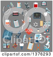 Poster, Art Print Of Clipart Of  Flat Design Medical Diagnostics Testing Equipment And Treatment Flat Icons With Stethoscopes Microscopes Thermometers Medication Pills Syringe Blood Test Tubes And Bags X-Ray Ecg Blood Pressure Hearing And Breast Testing Dna