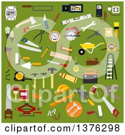 Poster, Art Print Of Flat Design Builder Electrician Mechanic Painter Carpenter Shoemaker And Bricklayer Tools And Equipment On Green