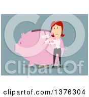 Poster, Art Print Of Flat Design White Business Woman Taping Up A Broken Piggy Bank On Blue