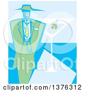 Clipart Of A Woodcut Man In A Green Zoot Suit Over A Martini Cocktail Royalty Free Vector Illustration