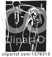 Black And White Woodcut Flapper Girl Smoking A Cigarette By A Man In A Zoot Suit