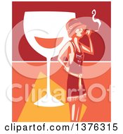 Clipart Of A Woodcut Flapper Girl Smoking A Cigarette Over A Giant Glass Of Wine Royalty Free Vector Illustration