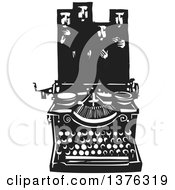 Black And White Woodcut Typewriter With Muslims In Hijab Above