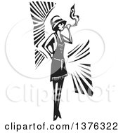 Black And White Woodcut Flapper Girl Smoking A Cigarette