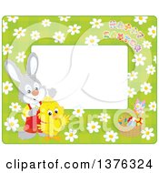 Clipart Of A Horizontal Border Of Happy Easter Text A Rabbit Chick And Basket Of Eggs Over Daisies On Green Royalty Free Vector Illustration