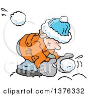 Poster, Art Print Of Happy Caucasian Boy Bending Over To Make A Snowball As One Flies At Him From Behind