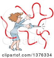 Cartoon Clipart Of A Stressed Brunette Caucasian Business Woman Cutting Red Tape Royalty Free Vector Illustration
