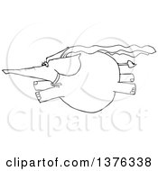 Clipart Of A Cartoon Black And White Elephant Super Hero Flying Royalty Free Vector Illustration