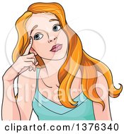 Clipart Of A Red Haired White Teenage Girl Resting Her Temple On Her Finger And Thinking Royalty Free Vector Illustration by Pushkin