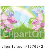 Poster, Art Print Of Nature Background Of Ferns Mushrooms And A Rainbow