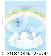 Poster, Art Print Of Cute Blue Unicorn Horse On A Cloud Surrounded By Butterflies Under A Rainbow