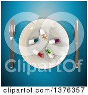 Clipart Of A 3d Plate With Diet Pills And Silverware On A Blue Background Royalty Free Illustration