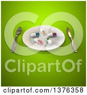 Clipart Of A 3d Plate With Diet Pills And Silverware On A Green Background Royalty Free Illustration by Julos
