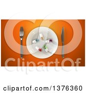 Clipart Of A 3d Plate With Diet Pills And Silverware On An Orange Background Royalty Free Illustration by Julos